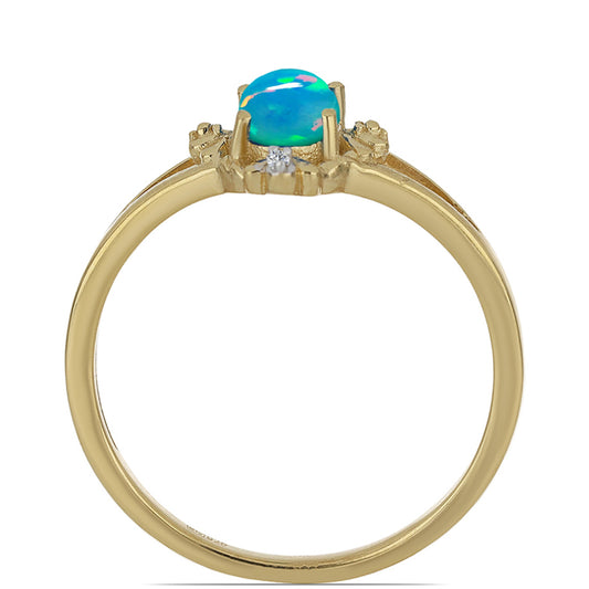 Anel de Prata com Banho de Ouro com Opala Azul das Minas de Lega Dembi da Etiópia e Zircão Branco