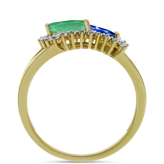 Anel de Prata com Banho de Ouro com Safira Azul Australiana e Esmeralda do Brasil