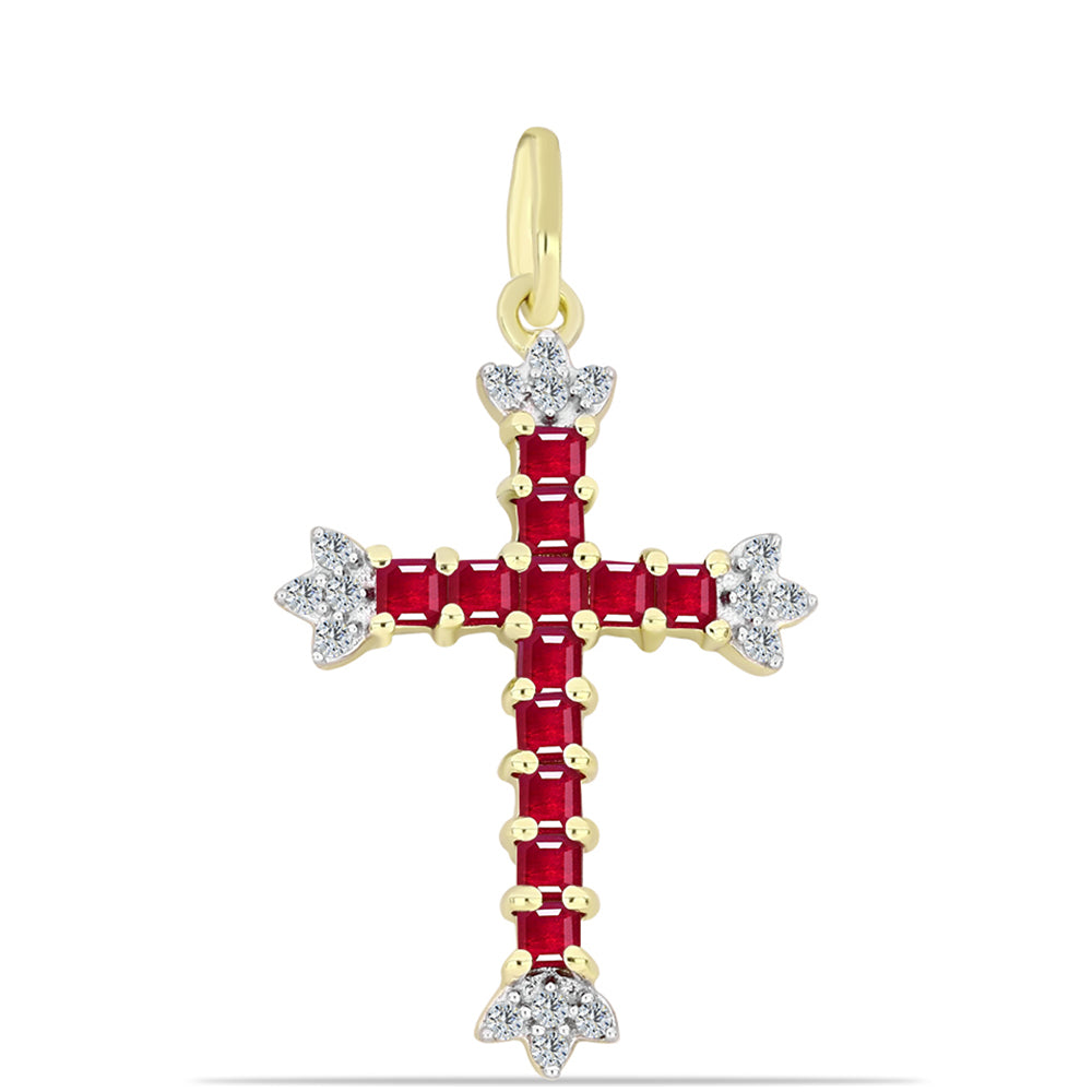 Cruz Pendente de Prata com Banho de Ouro com Rubi de Madagáscar e Topázio Branco