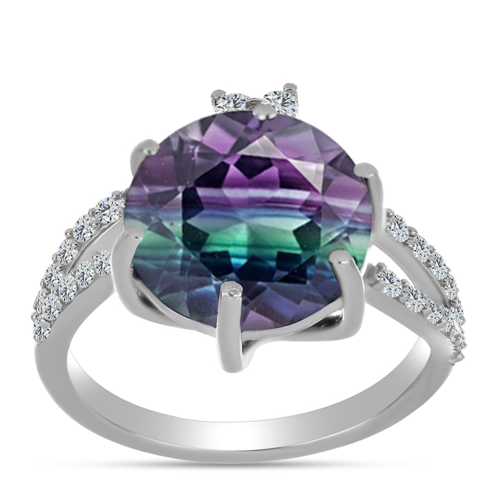 Anel de Prata com Fluorita Zebra e Topázio Branco  Contraste: Cabeca de Veado (800)