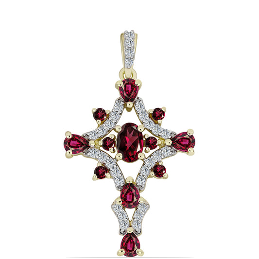 Cruz Pendente de Prata com Banho de Ouro com Granada de Rhodolite e Topázio Branco