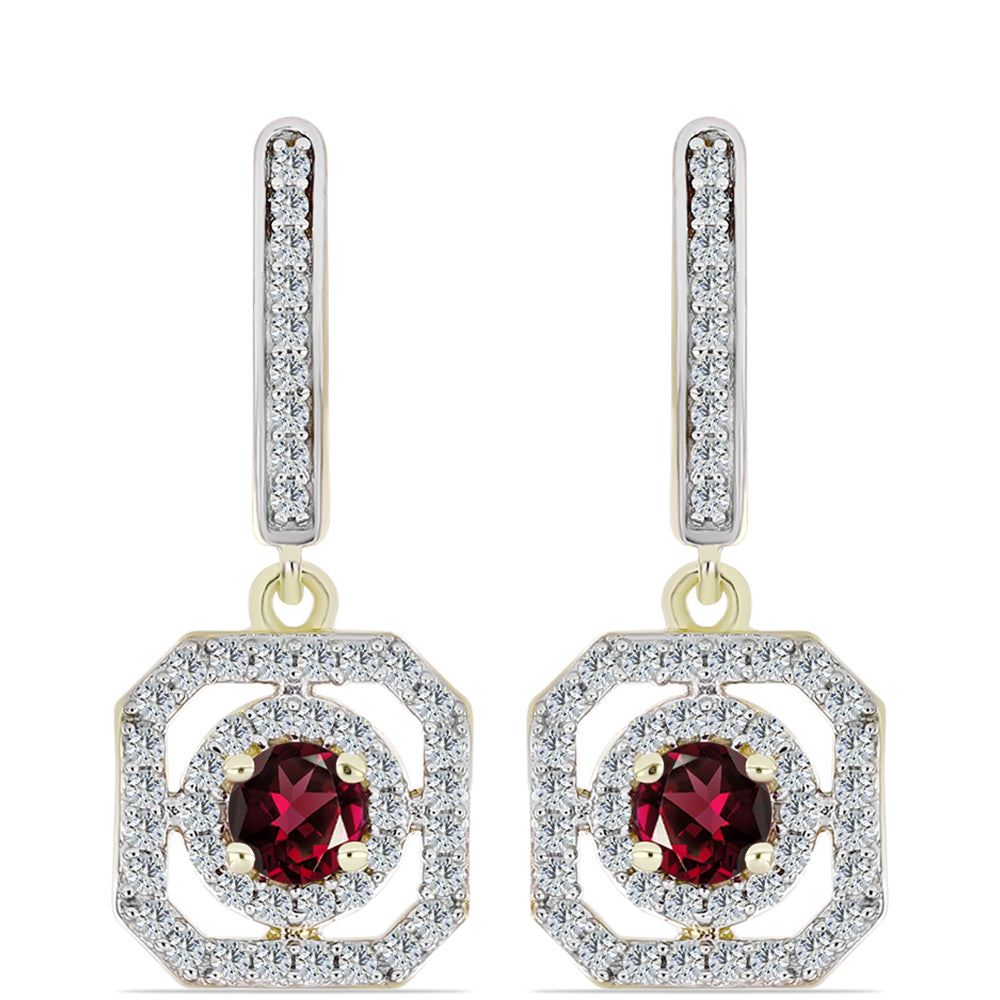 Brincos de Prata com Banho de Ouro com Granada de Rhodolite e Topázio Branco