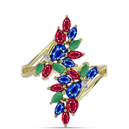 Anel de Prata com Banho de Ouro com Rubi de Madagáscar e Safira Azul Australiana  Contraste: Cabeca de Veado (800)