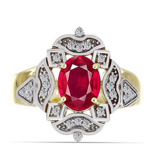 Anel de Prata com Banho de Ouro com Rubi de Madagáscar e Topázio Branco  Contraste: Cabeca de Veado (800)