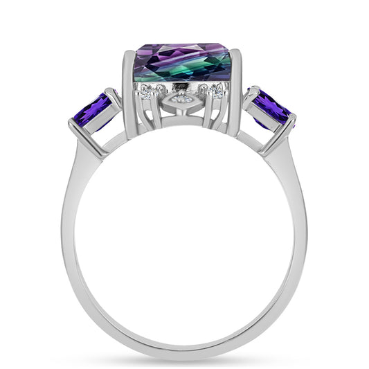 Anel de Prata com Fluorita Zebra e Ametista de Marrocos