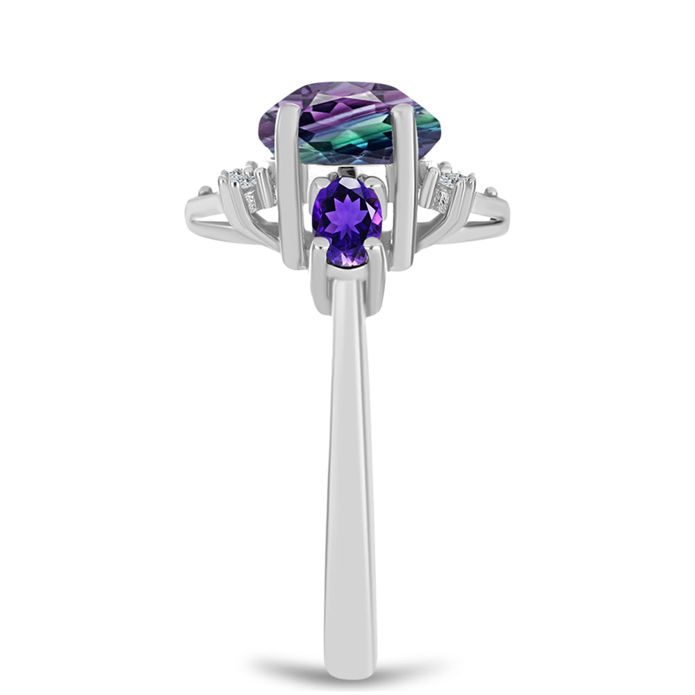 Anel de Prata com Fluorita Zebra e Ametista de Marrocos