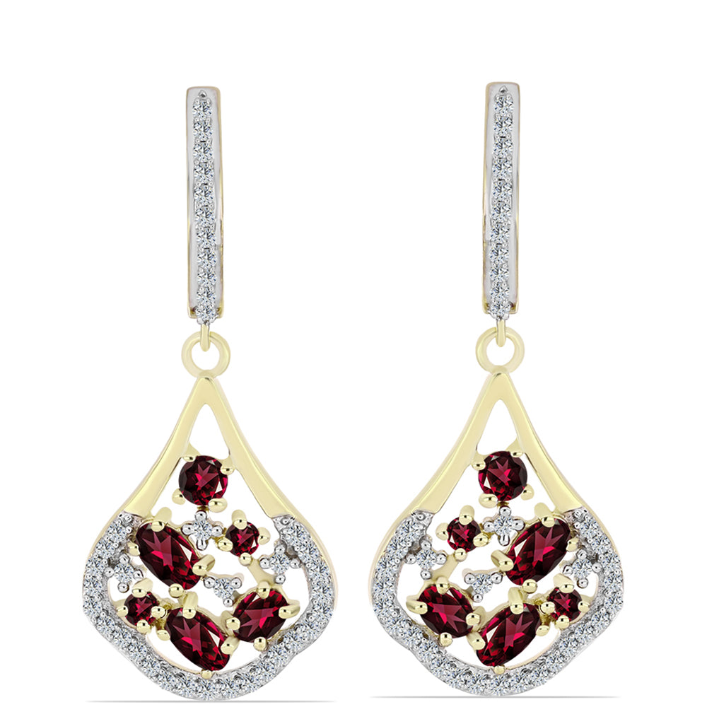 Brincos de Prata com Banho de Ouro com Granada de Rhodolite e Topázio Branco  Contraste: Cabeca de Veado (800)