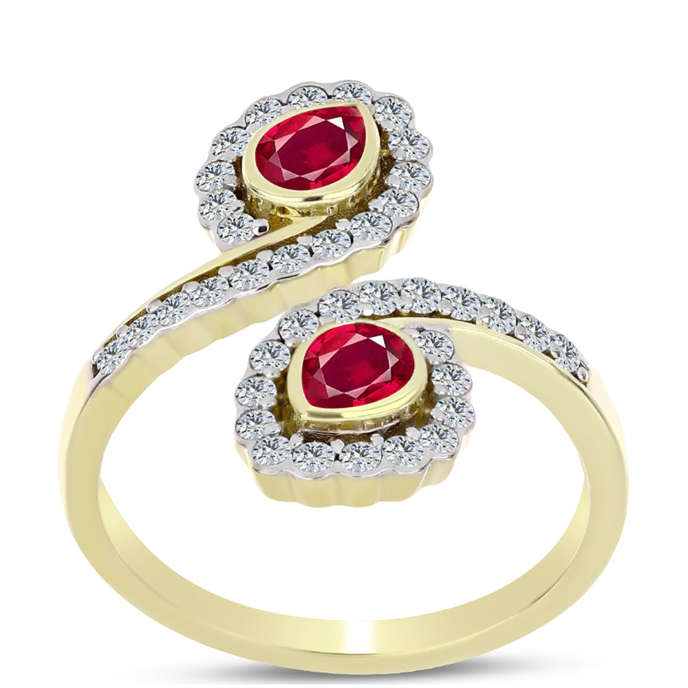 Anel de Prata com Banho de Ouro com Rubi de Madagáscar e Topázio Branco  Contraste: Cabeca de Veado (800)