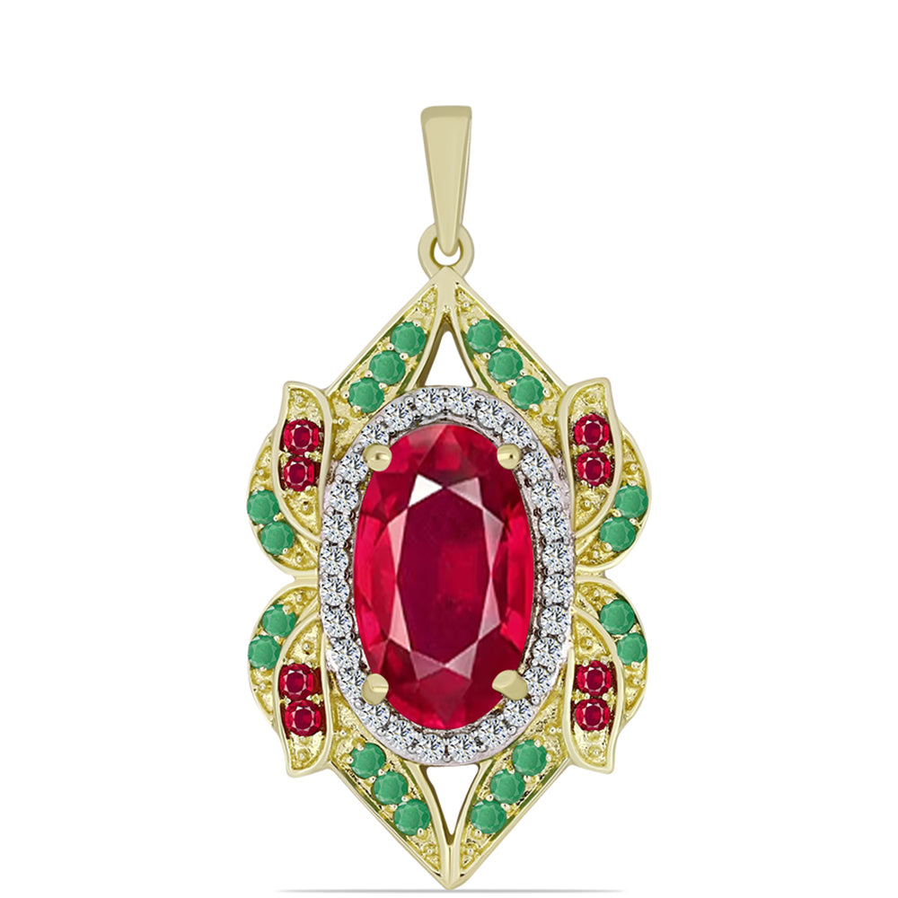 Pendente de Prata com Banho de Ouro com Rubi de Madagáscar e Esmeralda do Brasil  Contraste: Cabeca de Veado (800)