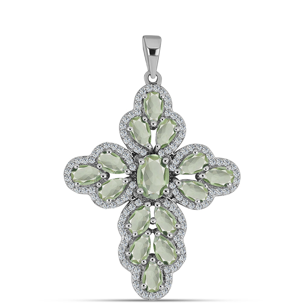 Cruz Pendente de Prata com Ametista Verde e Topázio Branco  Contraste: Cabeca de Veado (800) 1 
