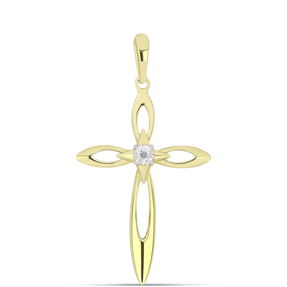Cruz Pendente de Prata com Banho de Ouro com Diamante Branco 1 