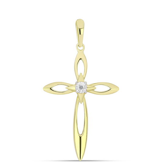 Cruz Pendente de Prata com Banho de Ouro com Diamante Branco