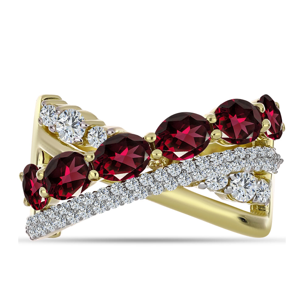 Anel de Prata com Banho de Ouro com Granada de Rhodolite e Topázio Branco  Contraste: Cabeca de Veado (800)