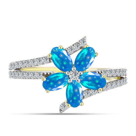 Anel de Prata com Banho de Ouro com Opala Paraíso da Etiópia e Topázio Branco  Contraste: Cabeca de Veado (800)