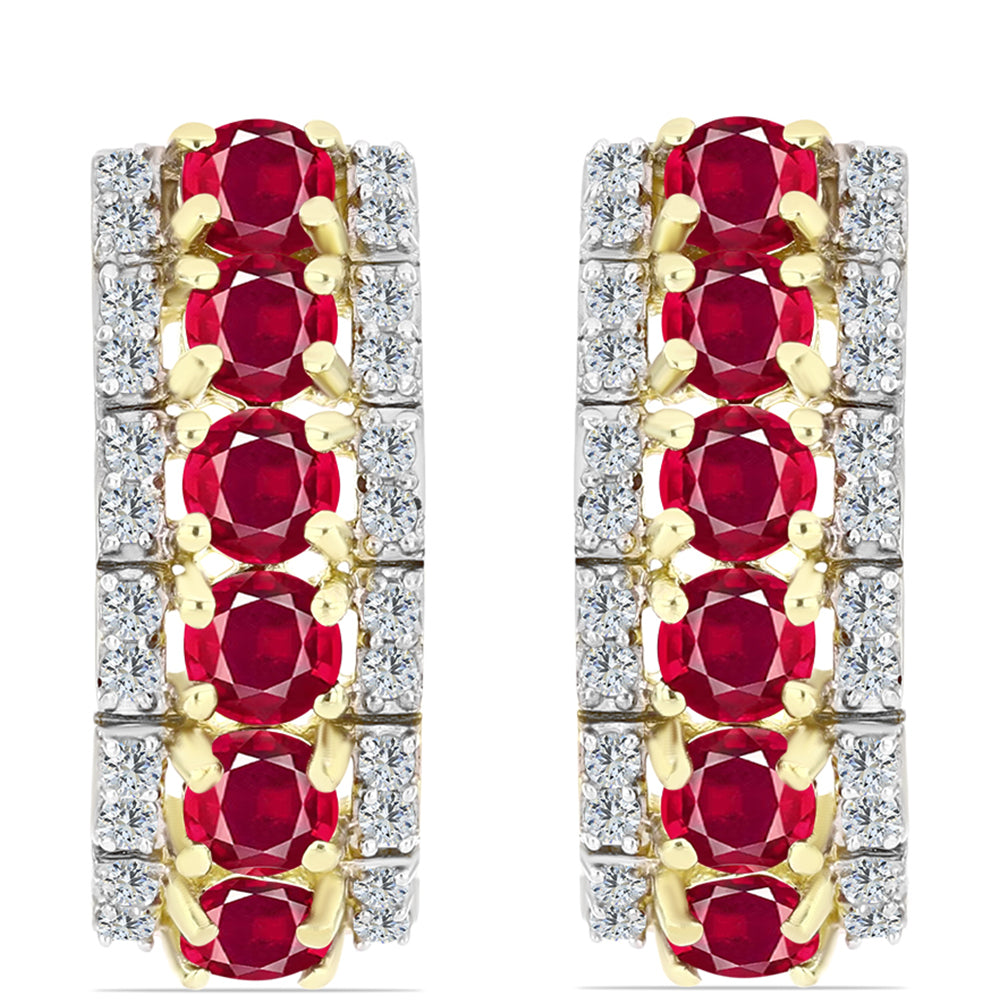 Brincos de Prata com Banho de Ouro com Rubi de Madagáscar e Topázio Branco