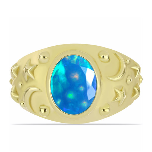 Anel de Prata com Banho de Ouro com Opala Paraíso da Etiópia  Contraste: Cabeca de Veado (800)