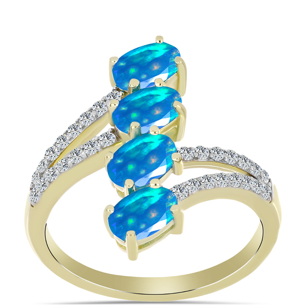 Anel de Prata com Banho de Ouro com Opala Paraíso da Etiópia e Topázio Branco 3 