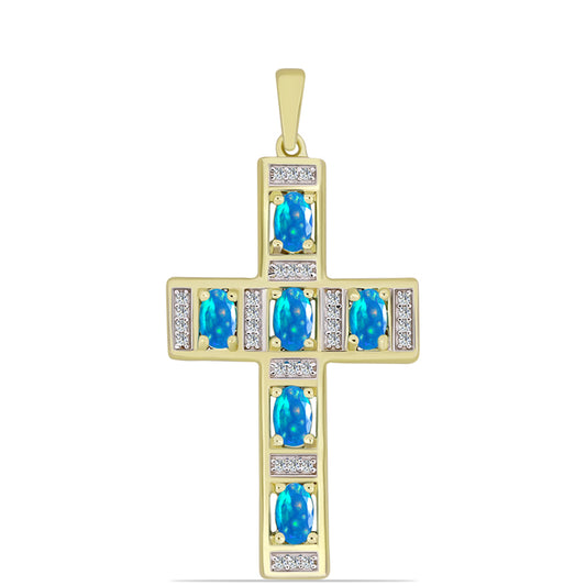 Cruz Pendente de Prata com Banho de Ouro com Opala Paraíso da Etiópia e Topázio Branco  Contraste: Cabeca de Veado (800)