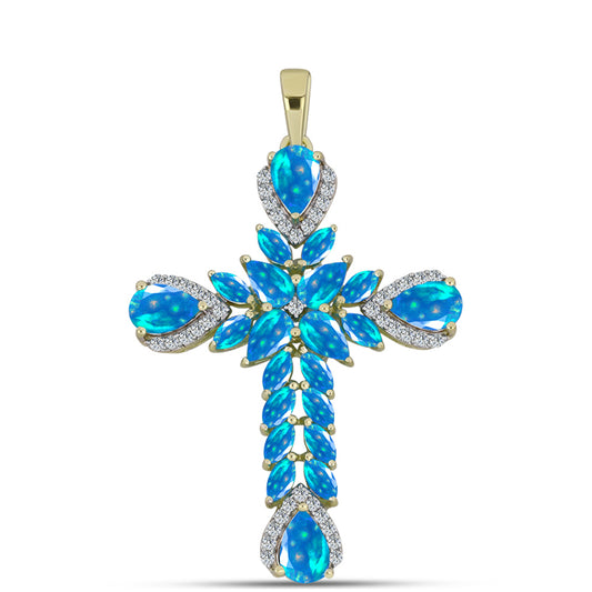 Cruz Pendente de Prata com Banho de Ouro com Opala Paraíso da Etiópia e Topázio Branco  Contraste: Cabeca de Veado (800)