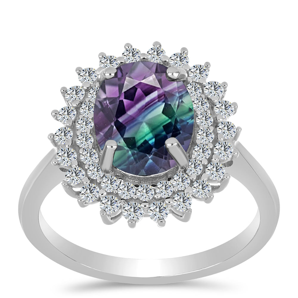 Anel de Prata com Fluorita Zebra e Topázio Branco  Contraste: Cabeca de Veado (800)