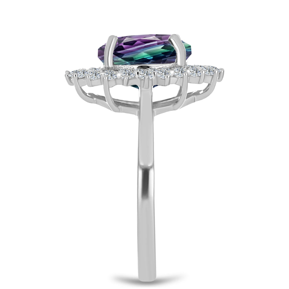 Anel de Prata com Fluorita Zebra e Topázio Branco  Contraste: Cabeca de Veado (800)