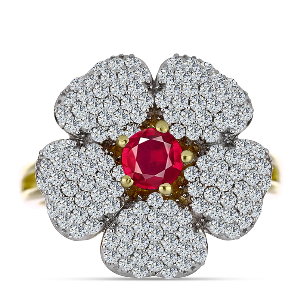 Anel de Prata com Banho de Ouro com Rubi de Madagáscar e Topázio Branco  Contraste: Cabeca de Veado (800) 1 