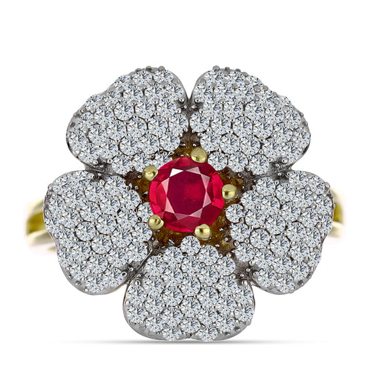 Anel de Prata com Banho de Ouro com Rubi de Madagáscar e Topázio Branco  Contraste: Cabeca de Veado (800)