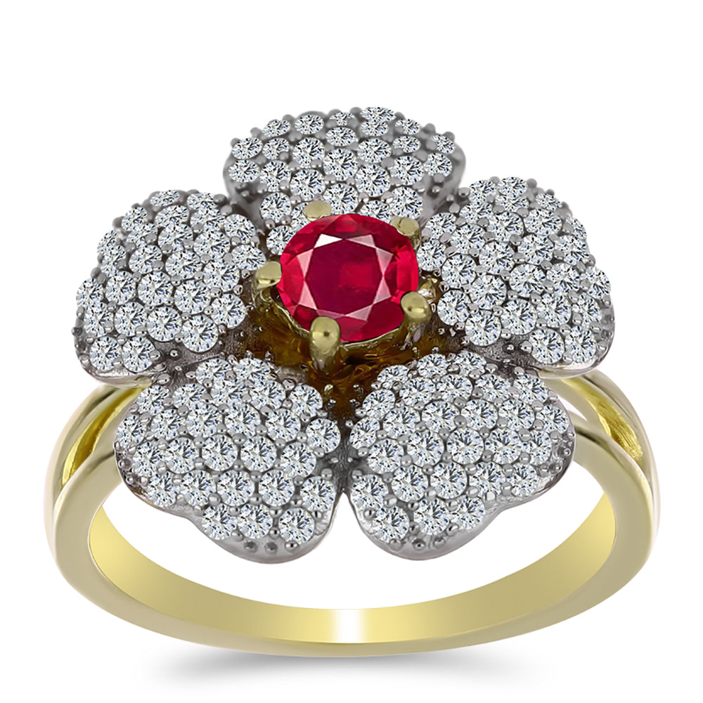 Anel de Prata com Banho de Ouro com Rubi de Madagáscar e Topázio Branco  Contraste: Cabeca de Veado (800)