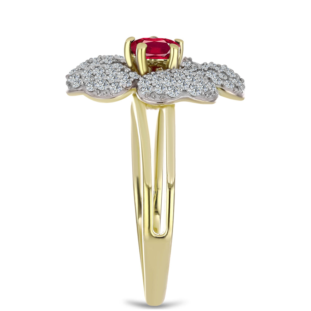 Anel de Prata com Banho de Ouro com Rubi de Madagáscar e Topázio Branco  Contraste: Cabeca de Veado (800)