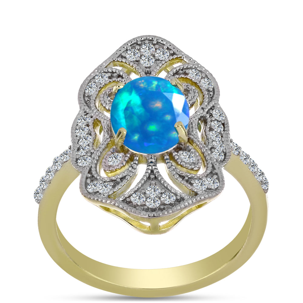 Anel de Prata com Banho de Ouro com Opala Paraíso da Etiópia e Topázio Branco  Contraste: Cabeca de Veado (800)