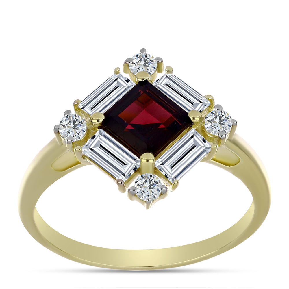 Anel de Prata com Banho de Ouro com Granada de Rhodolite e Topázio Branco