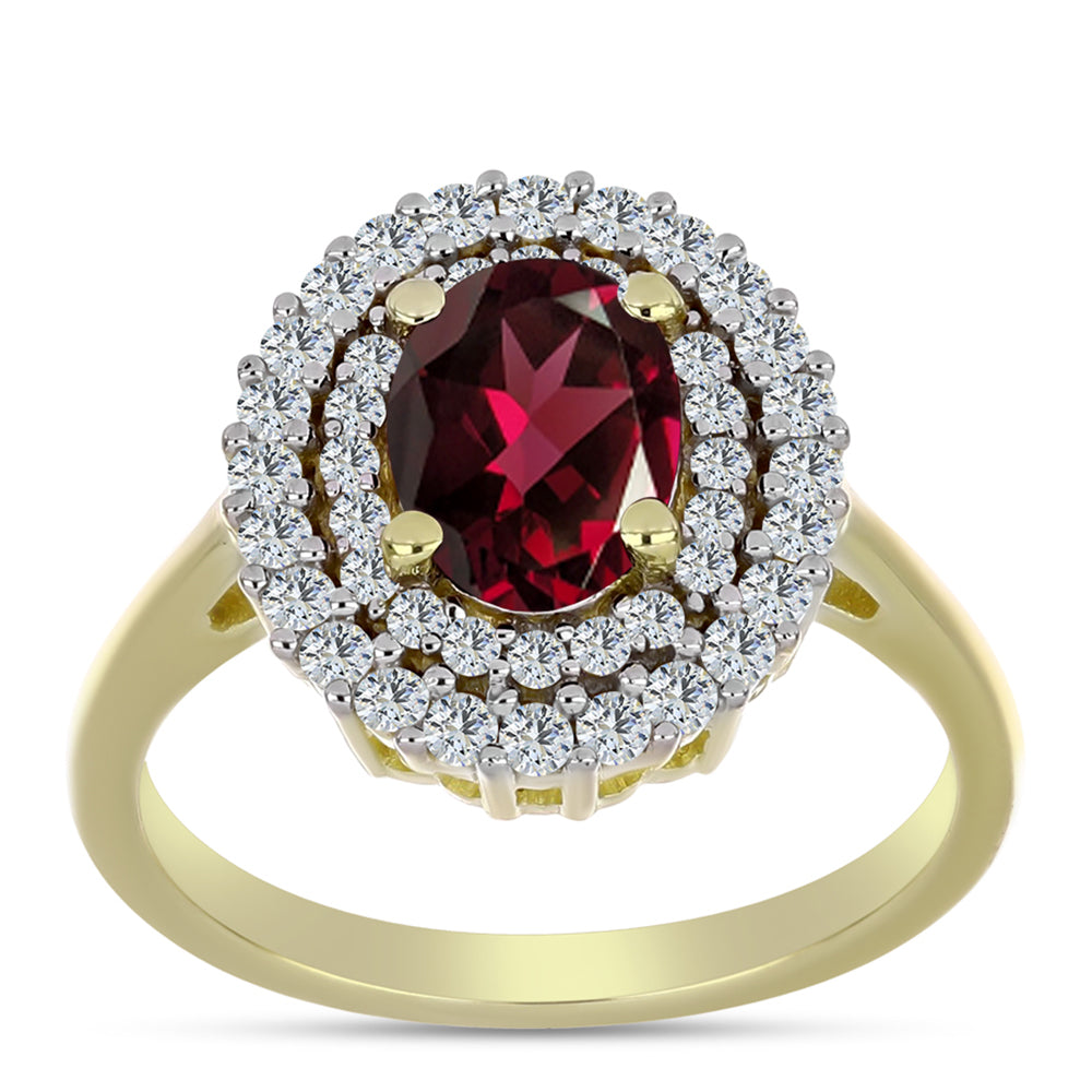 Anel de Prata com Banho de Ouro com Granada de Rhodolite e Topázio Branco  Contraste: Cabeca de Veado (800)