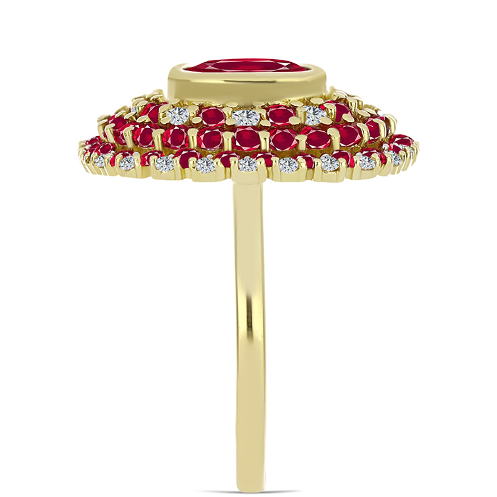 Anel de Prata com Banho de Ouro com Rubi de Madagáscar e Topázio Branco  Contraste: Cabeca de Veado (800)