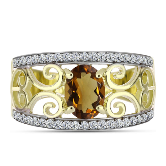 Anel de Prata com Banho de Ouro com Quartzo Cognac e Topázio Branco  Contraste: Cabeca de Veado (800)