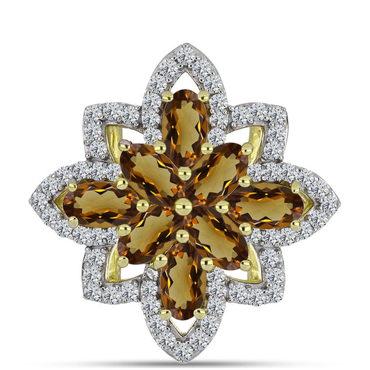 Anel de Prata com Banho de Ouro com Quartzo Cognac e Topázio Branco  Contraste: Cabeca de Veado (800)