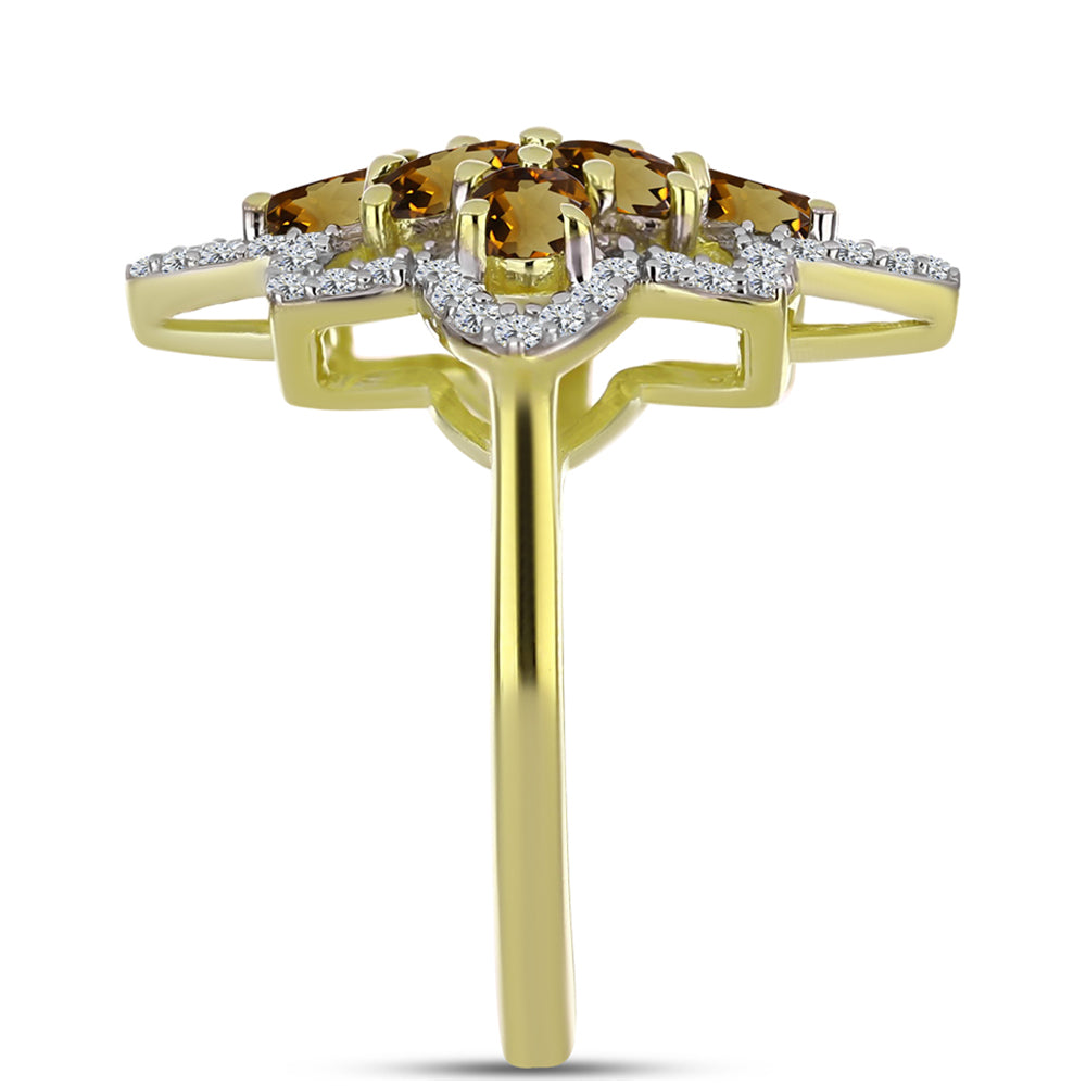 Anel de Prata com Banho de Ouro com Quartzo Cognac e Topázio Branco  Contraste: Cabeca de Veado (800)