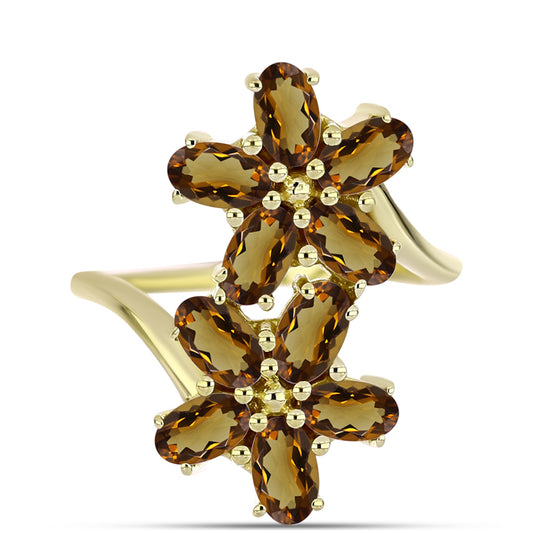 Anel de Prata com Banho de Ouro com Quartzo Cognac  Contraste: Cabeca de Veado (800)