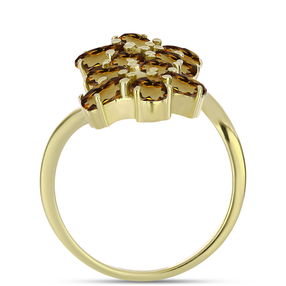 Anel de Prata com Banho de Ouro com Quartzo Cognac  Contraste: Cabeca de Veado (800)