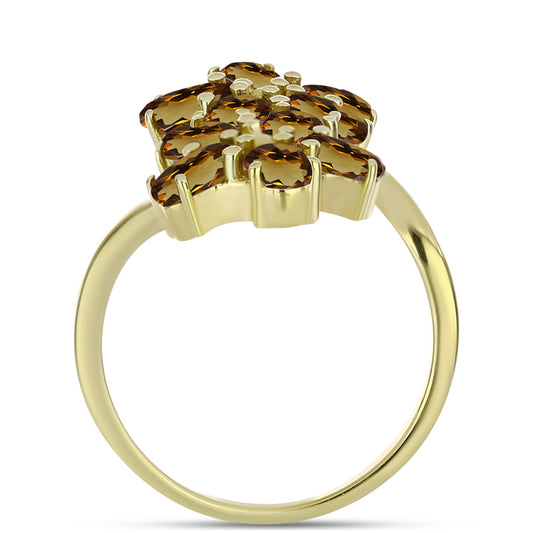 Anel de Prata com Banho de Ouro com Quartzo Cognac  Contraste: Cabeca de Veado (800)