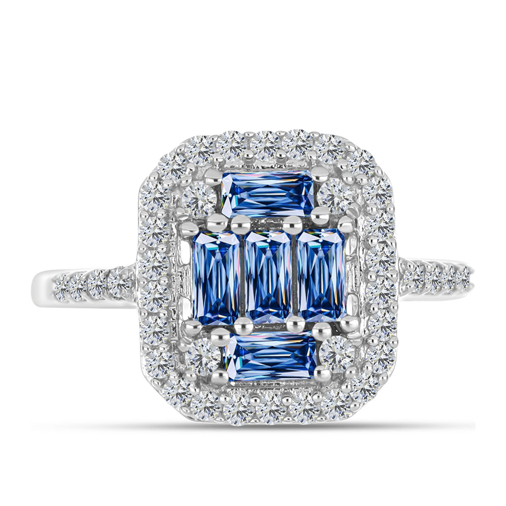 Anel de Prata com Moissanite Azul Oceano e Topázio Branco