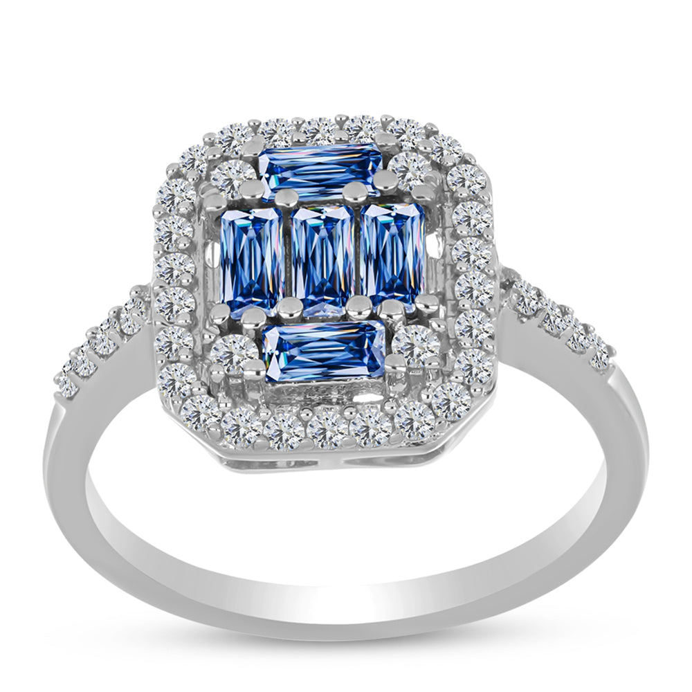 Anel de Prata com Moissanite Azul Oceano e Topázio Branco 3 