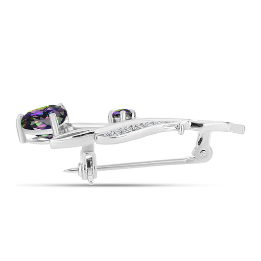 Alfinete de Prata com Quartzo Verde Místico do Brasil e Topázio Branco