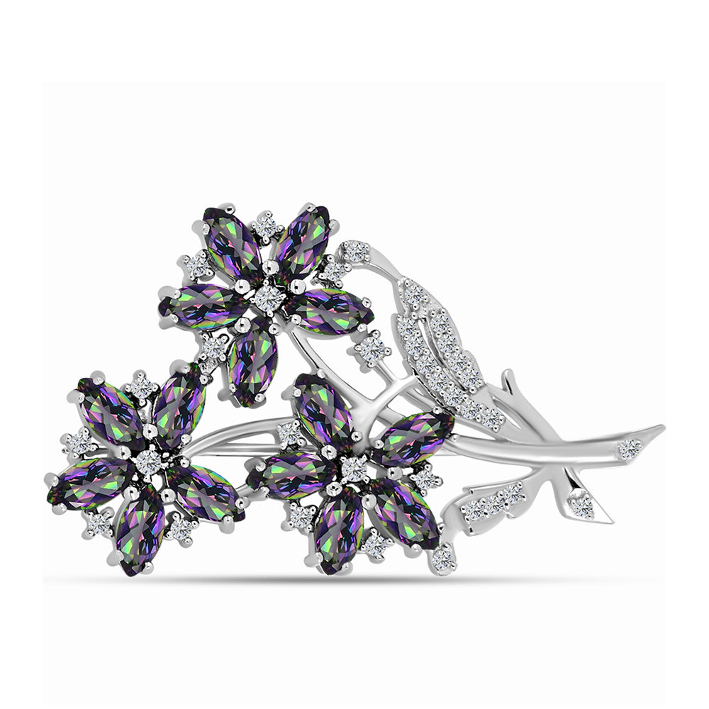 Alfinete de Prata com Quartzo Verde Místico do Brasil e Topázio Branco  Contraste: Cabeca de Veado (800)