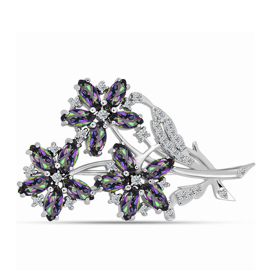 Alfinete de Prata com Quartzo Verde Místico do Brasil e Topázio Branco  Contraste: Cabeca de Veado (800)