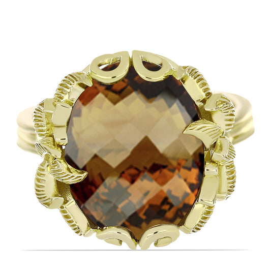 Anel de Prata com Banho de Ouro com Quartzo Cognac  Contraste: Cabeca de Veado (800)