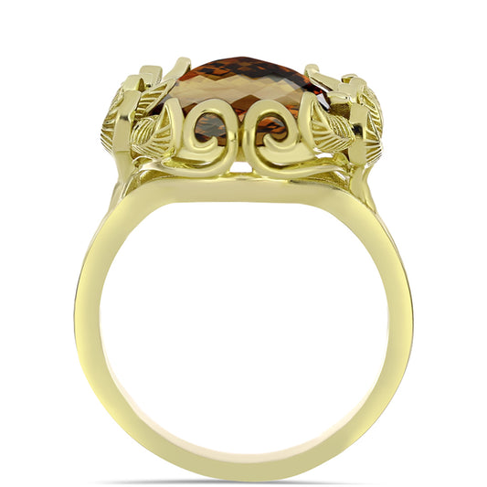 Anel de Prata com Banho de Ouro com Quartzo Cognac  Contraste: Cabeca de Veado (800)