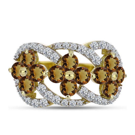 Anel de Prata com Banho de Ouro com Quartzo Cognac e Topázio Branco  Contraste: Cabeca de Veado (800)