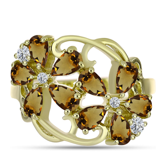 Anel de Prata com Banho de Ouro com Quartzo Cognac e Topázio Branco  Contraste: Cabeca de Veado (800)