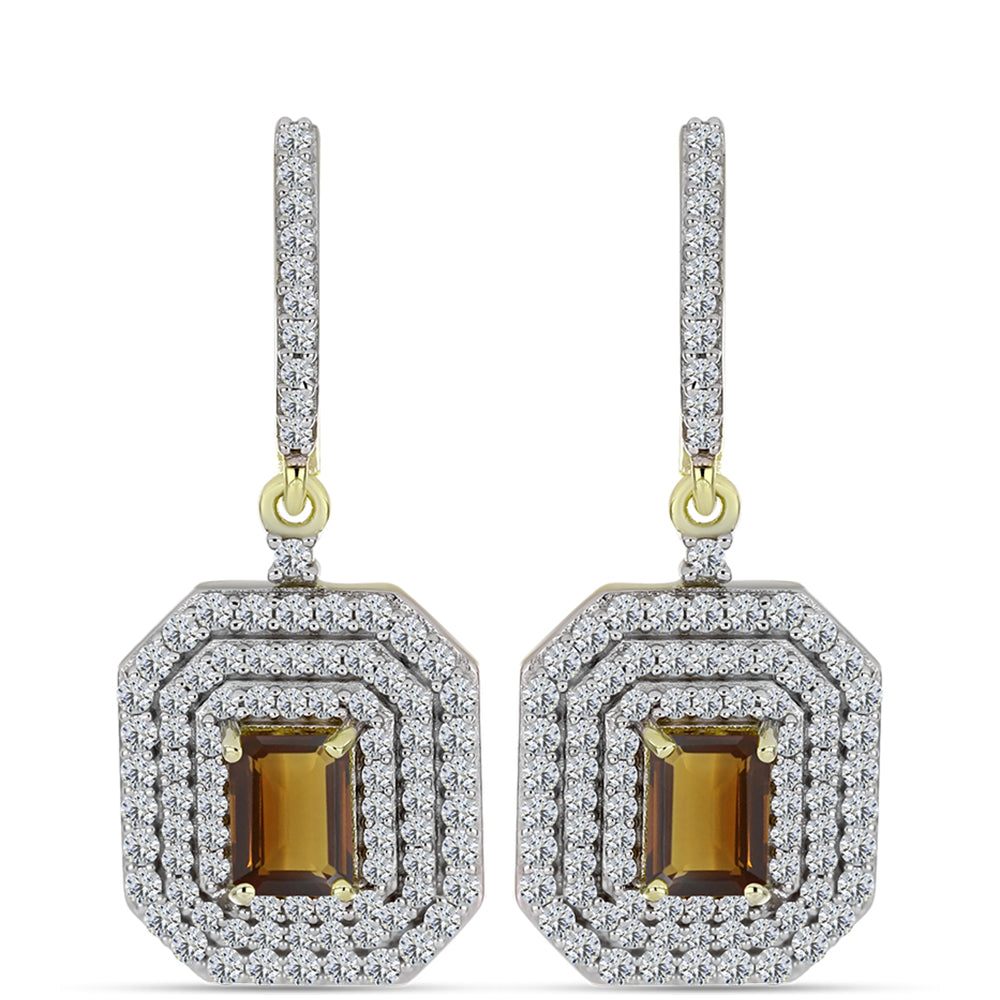 Brincos de Prata com Banho de Ouro com Quartzo Cognac e Topázio Branco  Contraste: Cabeca de Veado (800)