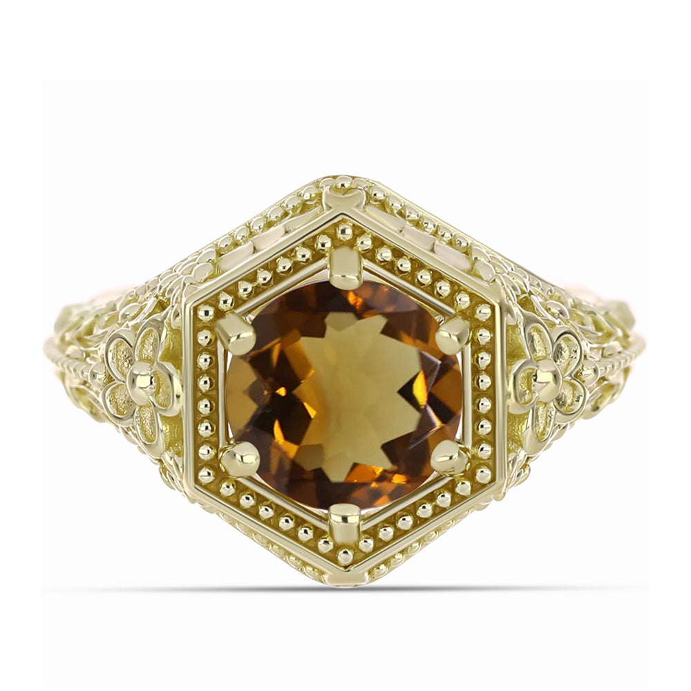 Anel de Prata com Banho de Ouro com Quartzo Cognac  Contraste: Cabeca de Veado (800) 1 